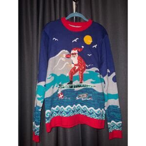 Ugly Christmas Sweater Blue Red Yellow Surfing Santa Knit